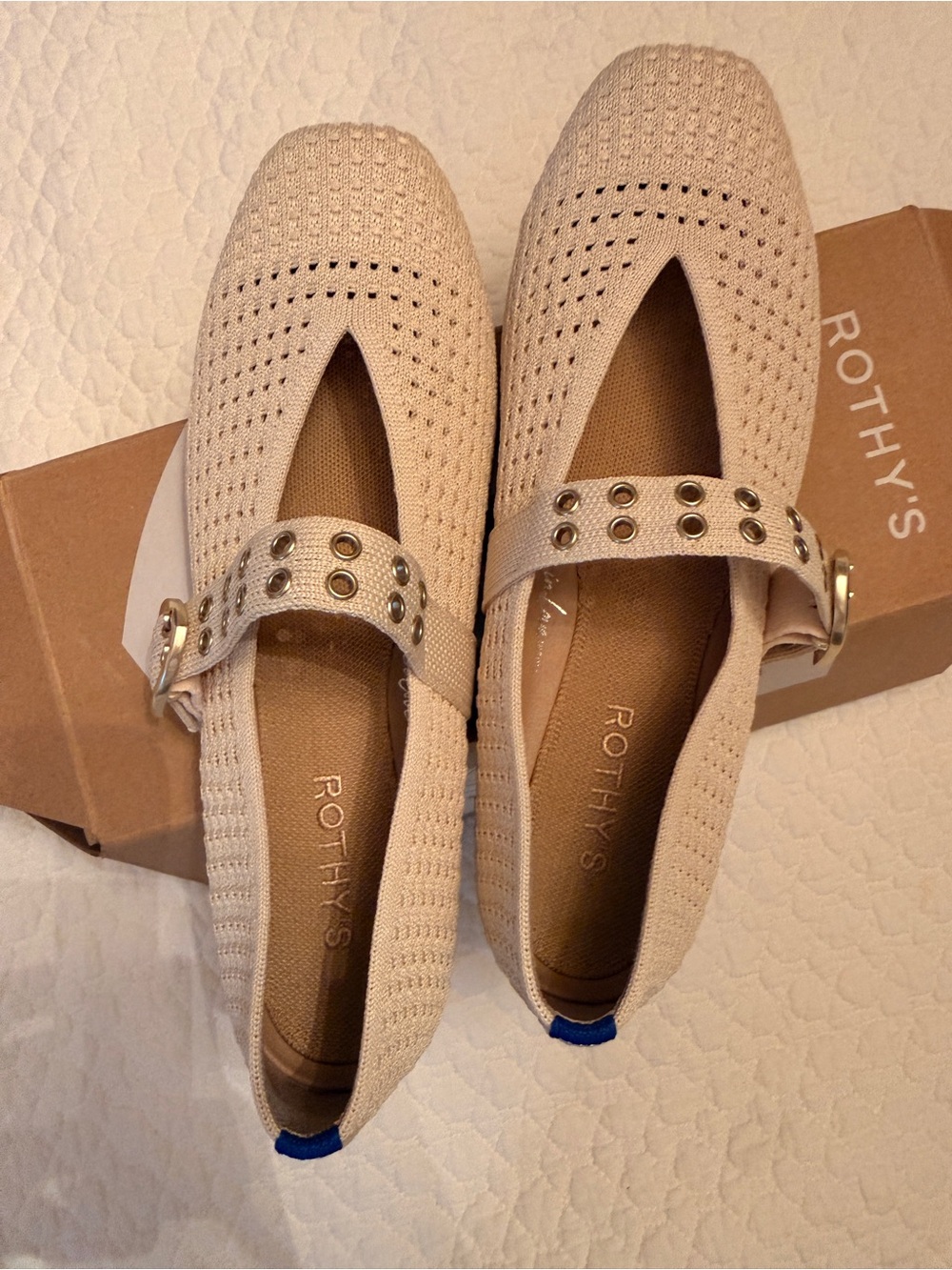 Rothy's Beige Knit Mary Jane Flats with Gold Eyelet Strap